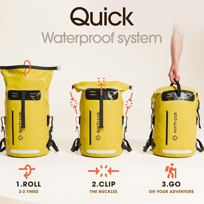 Waterproof Dry Bag Backpack 35L - Kayaking Boating Fishing Rafting Marine | Yellow 35L dry bag: 500D PVC, abrasion resistant build, IPX8 phone case for river and lake trips