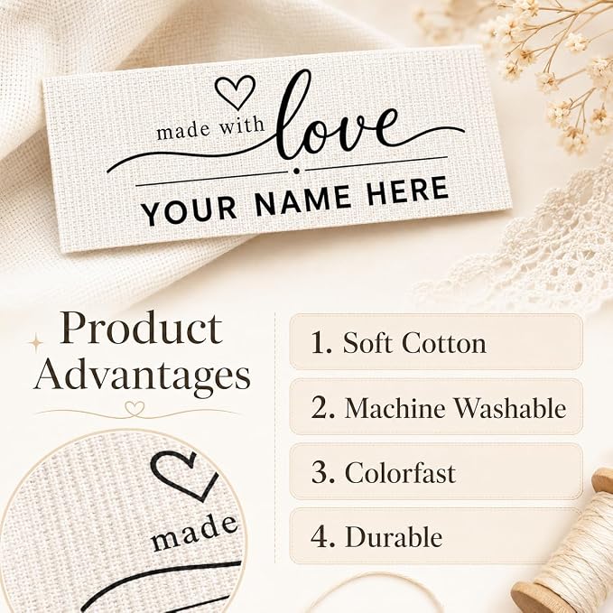 50-1000PCS Custom Fabric Labels, Personalized Sewing Labels for Handmade Items, Made with Love Sewing Labels, 20x57mm (A1)