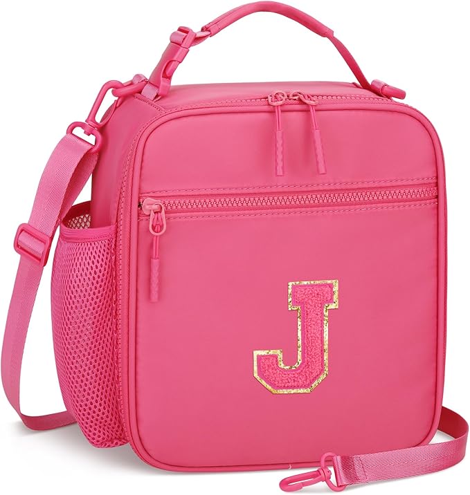 Initial Insulated Lunch Bag for Girls Kids, Back to School Gift, Reusable Leak-proof Lunch Box with Adjustable Strap for School Daycare Travel Picnic (Rosy Red,J)