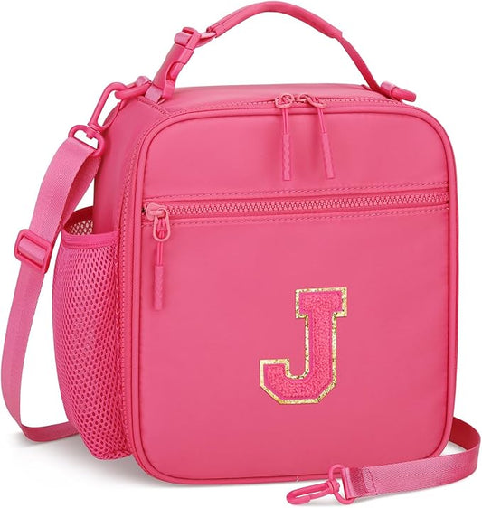 Initial Insulated Lunch Bag for Girls Kids, Back to School Gift, Reusable Leak-proof Lunch Box with Adjustable Strap for School Daycare Travel Picnic (Rosy Red,J)