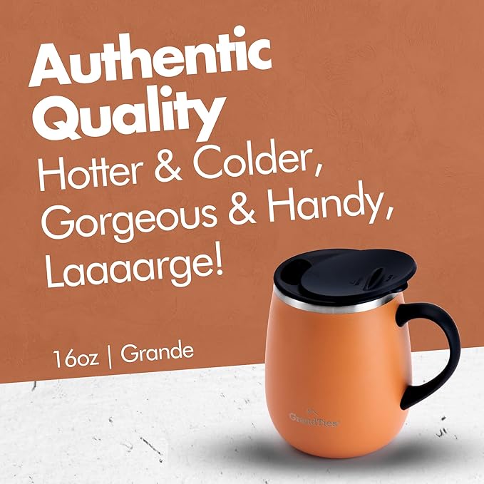 GRANDTIES Insulated Coffee Mug with Handle - Sliding Lid for Splash-Proof 16oz Wine-Glass Shape Thermal Tumbler with Double Walled Vacuum Stainless Steel to Keeps Beverages Hot or Cold-Carrot
