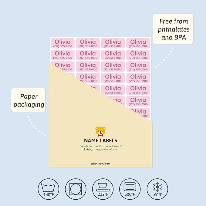 TeddyLabels - Clothing Labels for Nursing Home (120) – Self-Adhesive Name Tags for Clothes and Personal Items. Personalized Labels for Daycare, Nursing Homes, and Laundry Use - Light Pink