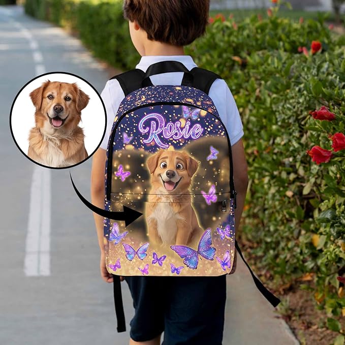 M YESCUSTOM Custom Girls Backpack with Pet Face Personalized School Bookbag with Lunch Bag Kids Backpacks for Girls Boys Elementary Preschool Cute Book Bag Daypack Travel Bag Water Bottle
