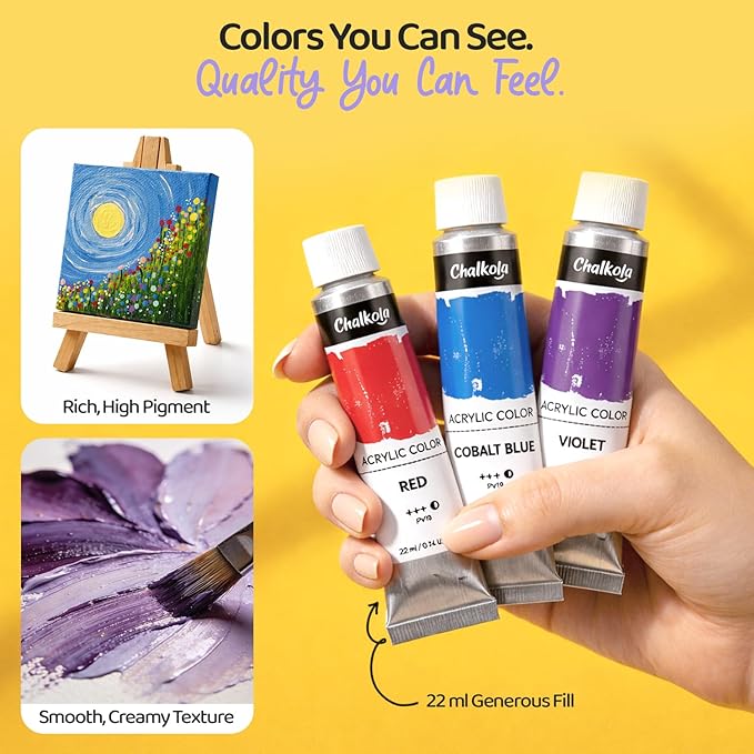 Chalkola Acrylic Paint Set for Adults & Kids - 56 Pcs Canvas Painting Kit with 32 Paints (22ml), 10 Brushes, 10 Canvases, Tabletop Easel, Palette, Knife - Professional Craft & Art Painting Supplies