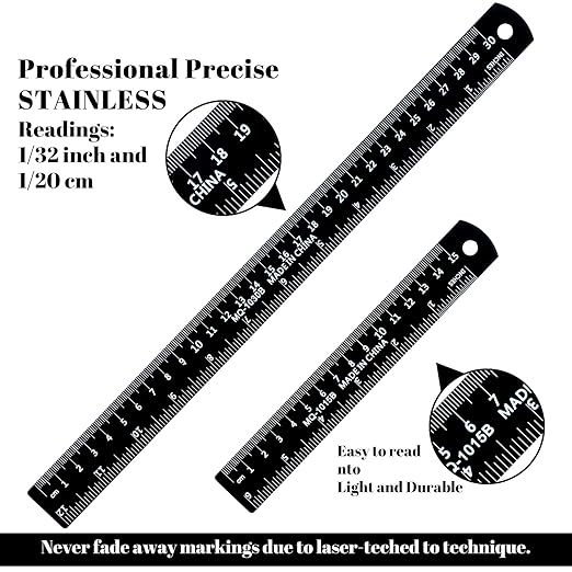 Ouligay 2Pcs 12 Inch 6 Inch Metal Ruler Set Metal Rulers with Centimeters and Inches Straight Ruler for Drawing, Home, Office, Engineering, Easy to Read