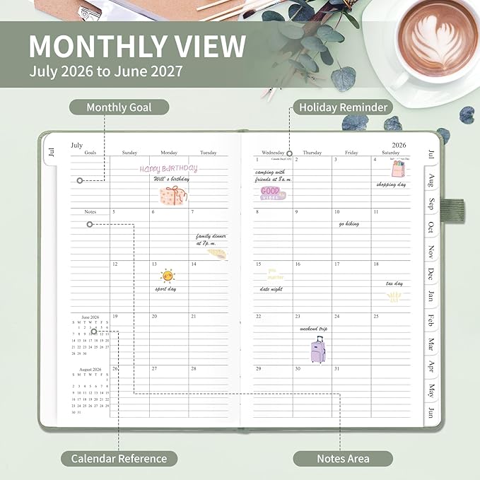 Planner 2026-2027, Weekly and Monthly Planner with Tabs from Jan 2026 - Dec 2026, A5 Hardcover Academic Calendar with Date for School & Office Schedule, 5.8" x 8.3", Sage Green