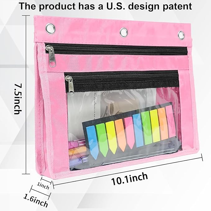 YoeeJob 2 Pack Expandable Pencil Pouches for 3 Ring Binders, Grey+Pink | 1-inch expansion, 2 clear PVC pockets, 3 holes, large-capacity storage for school and office supplies.