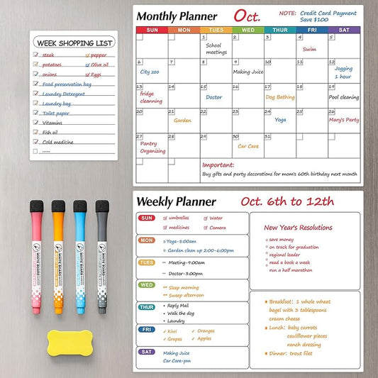 Dry Erase Magnetic Calendar for Refrigerator, 3 Pack- Monthly & Weekly & Daily Planner Magnet Whiteboard for Fridge Wall Door - Shopping, Meal/Menu, to Do List, Family Schedule Planning Board (D)