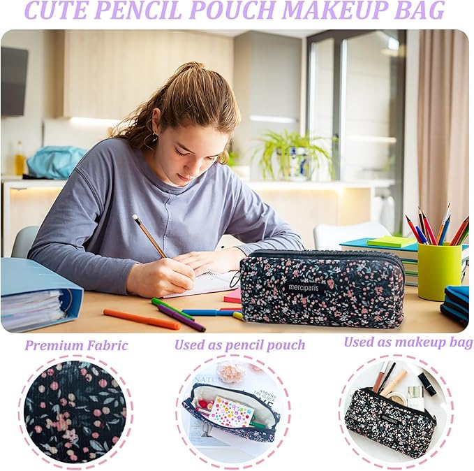 Pencil Pouch Cute Pencil Case Office Storage Bag Holder Box Organizer Aesthetic Bow Flower Pattern Makeup Pouch Cosmetic Bag for Women Girls