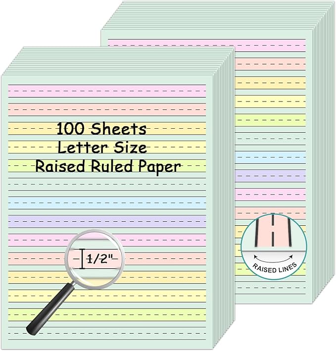 100 Sheets Handwriting Paper 8.5”x11” Double Side Colored Primary Writing Paper for Kids with ADHD 0.5” Tactile Writing Lines Spacing Multi-Sensory Ruled Handwriting Tablet Dysgraphia Pad for Children