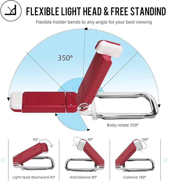 EGWASER Book Light for Reading in Bed, USB Rechargeable Clip on Book Lights, 3 Brightness Adjustable Dimmable Bookmark Light for Eye-Protection, Reading Lamp for Bookworms, Travel (Red)
