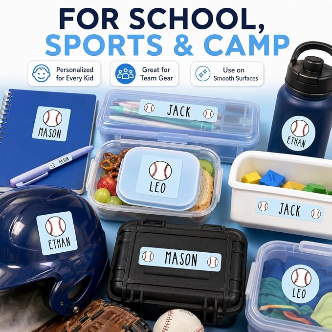 Andaz Press Custom Personalized Waterproof School Name Labels, Baseball, 120-Pack, Kids Labels Combo Pack, Customizable Multi-Use Name Stickers Personalized School Supplies Camp Stickers Daycare
