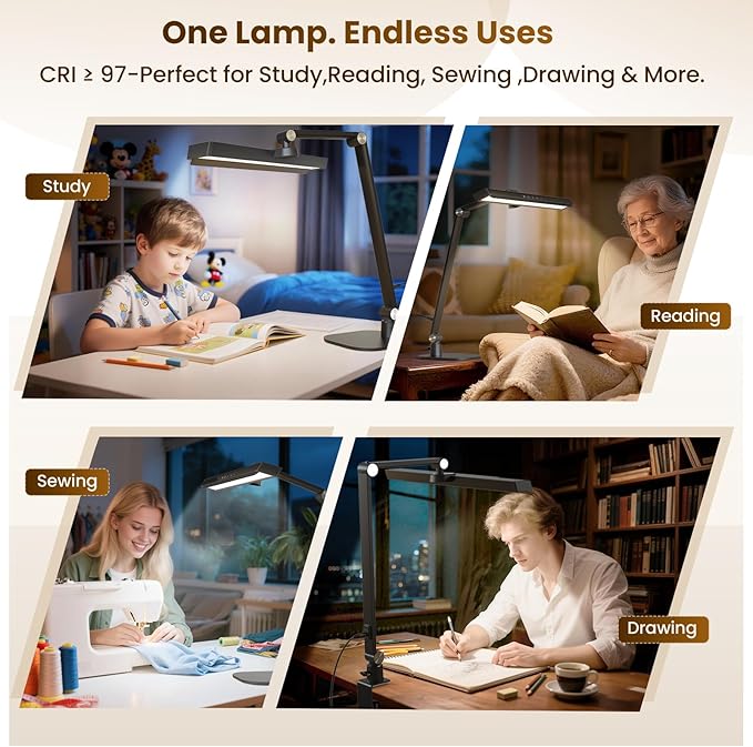 LIONVISON LED Desk Lamp for Home Office, Eye-Caring Desk Light with 2 in 1 Base/Clamp, Adjustable 5 Color 10 Brightness Computer Light with Memory & Timer Func, Metal Swing Arm Anti-Glare Table Lamp