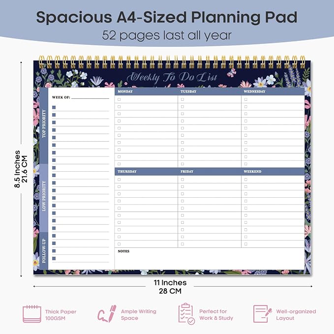 Weekly To Do List Notepad with 52 Undated Sheets（8.5"×11"）- Weekly Desk Planner for Women & Man, Work and Home - Midnight Bloom