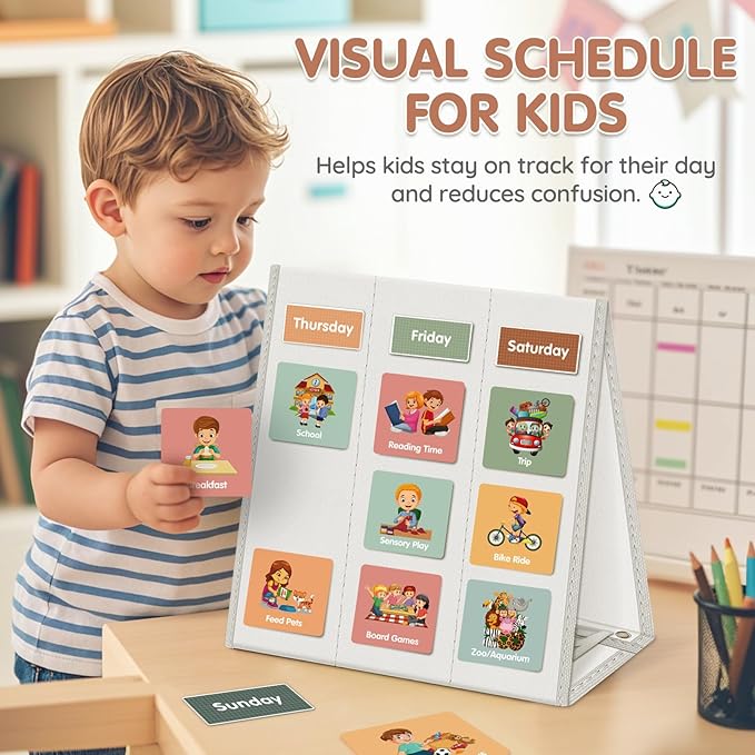 Large Visual Schedule for Kids Chore Reward Chart,Bedtime Routine Chart for Toddlers,Double Side Schedule Board with 109 Cards for Home School Planner,Autism Learning Materials (White)