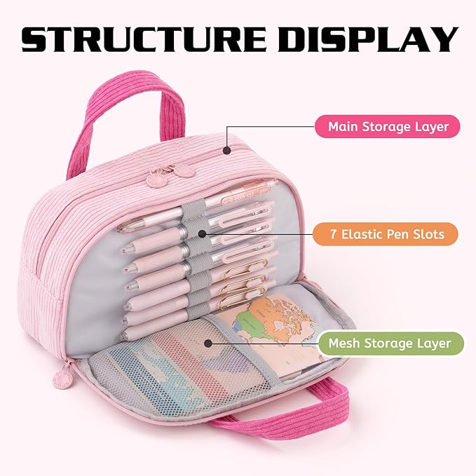 EASTHILL Corduroy Hand-held Pencil Case Large Cute Pencil Pouch Stationery Pen Bag for Teen Girls-Pink