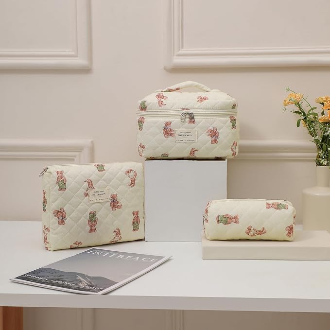 uekeboag Large Travel Quilted Makeup Bag for Women | Soft Floral Cotton Cosmetic Bag, Foldable Coquette Aesthetic Toiletry Organizer