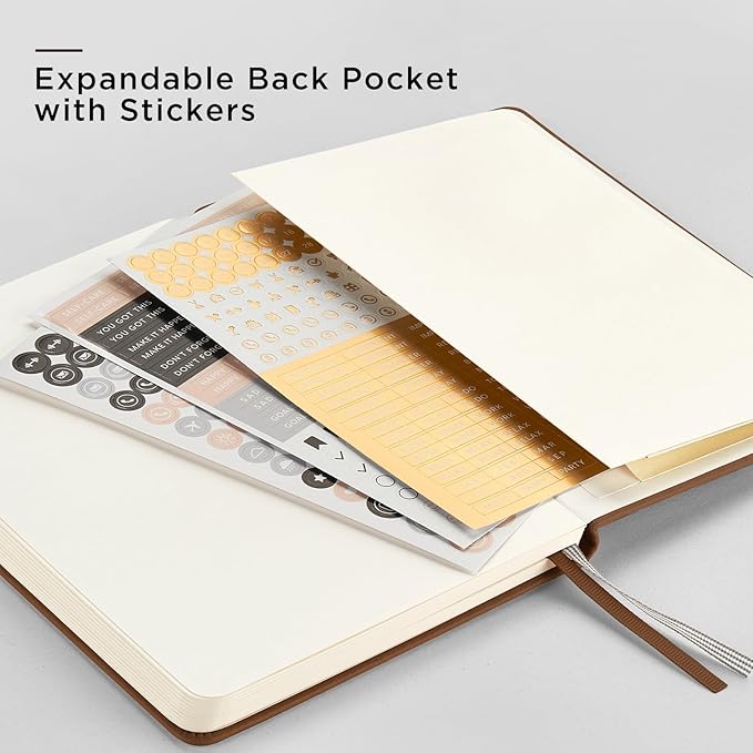 &And Per Se Dotted Journal Notebook, A5 Hardcover Leather Dotted Journal, 160 Pages 100gsm Thick Dot Grid Paper, 3 Sheets of Stickers Included - 5.7'' x 8'' (Chocolate)