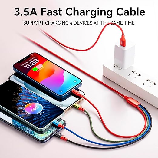 Multi USB Charging Cable 4A, 4-in-1 Braided Charging Cord, Multi Charger Cord, Multiple USB Cable with IP/USB C/Micro Ports Adapter for Cell Phones/iPhone/Tablets/Samsung/Pixel/PS More (2Pack/4Ft)