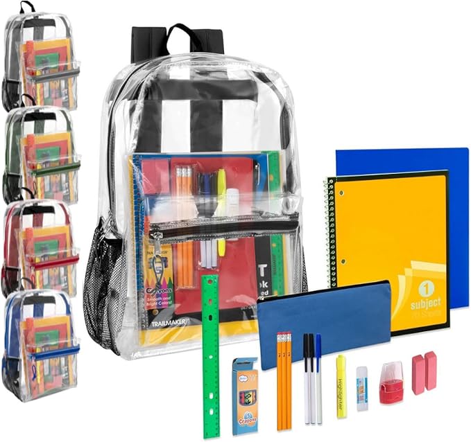Trail maker 24 Pack Bulk Clear Backpack Heavy Duty with School Supplies, Side Pockets for Kids, Boys, Girls, School, Stadium Approved (Multicolor Pack)