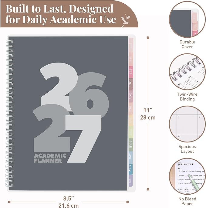 Rileys Academic Planner 2026-2027, Daily, Weekly & Monthly Planner, July 2026 - June 2027, Student Notes Pages, Twin-Wire Binding, Weekly Agenda for School & Work (8.5 x 11-Inches, Chunky, Black)