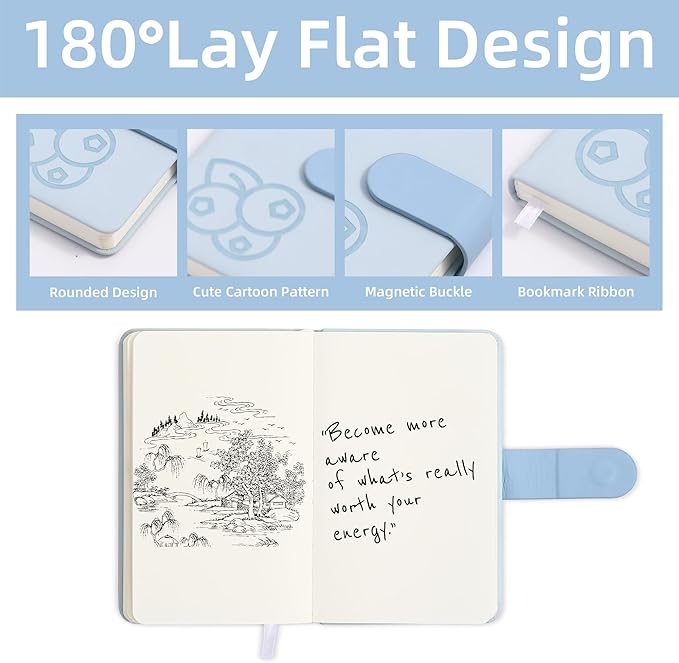 BOBO RABBIT Blank Journal Small Pocket Leather Notebook No Lines for Drawing Plain Sketch Book Cute Cartoon Fruit Blueberry Unlined Journal for Travel Work School, 200 Pages, 3.7"X5.9"