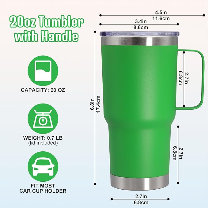20 oz Tumbler with Handle and Lid, Stainless Steel Tumbler Insulated Travel Coffee Mug, Spill Proof Double Wall Vacuum Tumbler Cup Keep Drink Hot & Cold, Green, 12 Pack