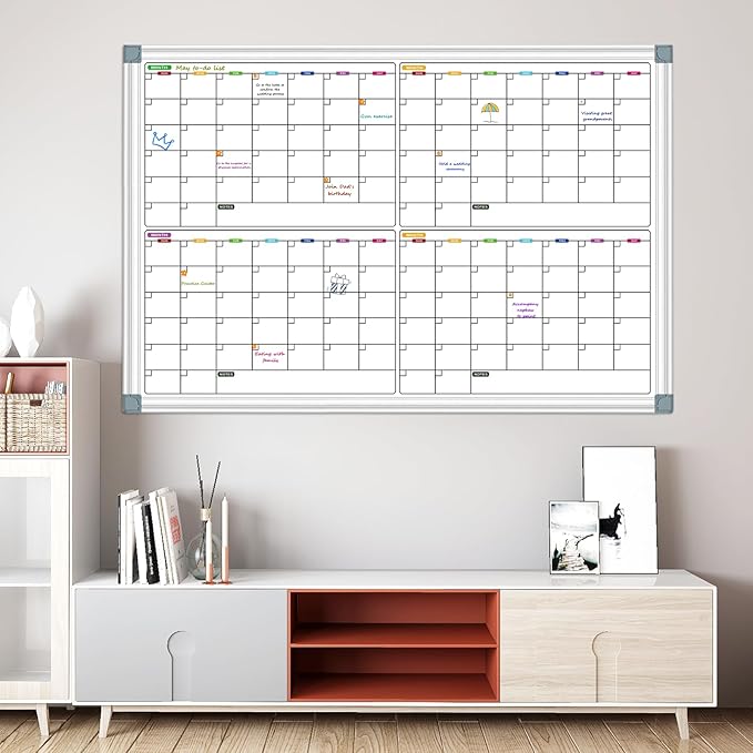 Magnetic Calendar Whiteboard for Wall, 4 Month White Board Calendar Dry Erase Board 48" x 36", Wall Mounted Board Planner for Office, School, Home, Store