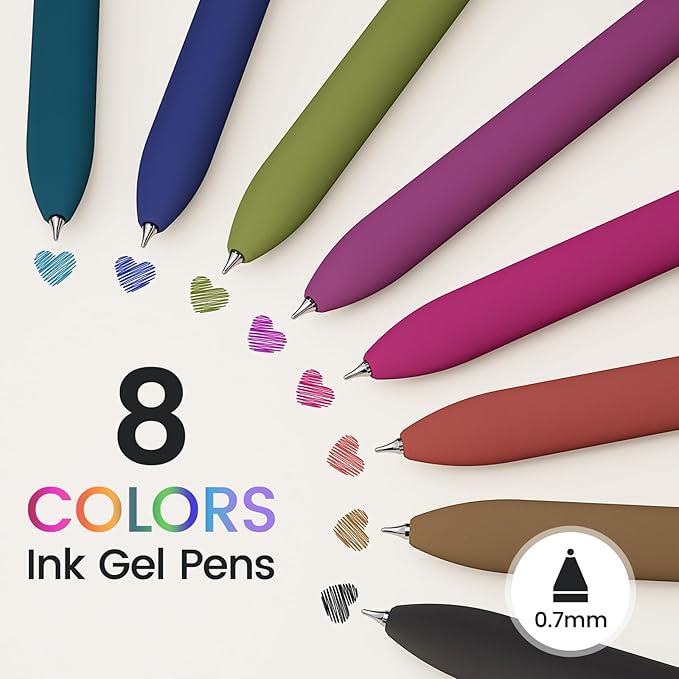 Colorful Gel Pens - 8 Pcs Colored Ink Pens Coloring | 0.7MM Smooth Writing Medium Point - Quick Drying Retractable Colored Pen for Journaling Note Taking (Vintage - 8Pcs