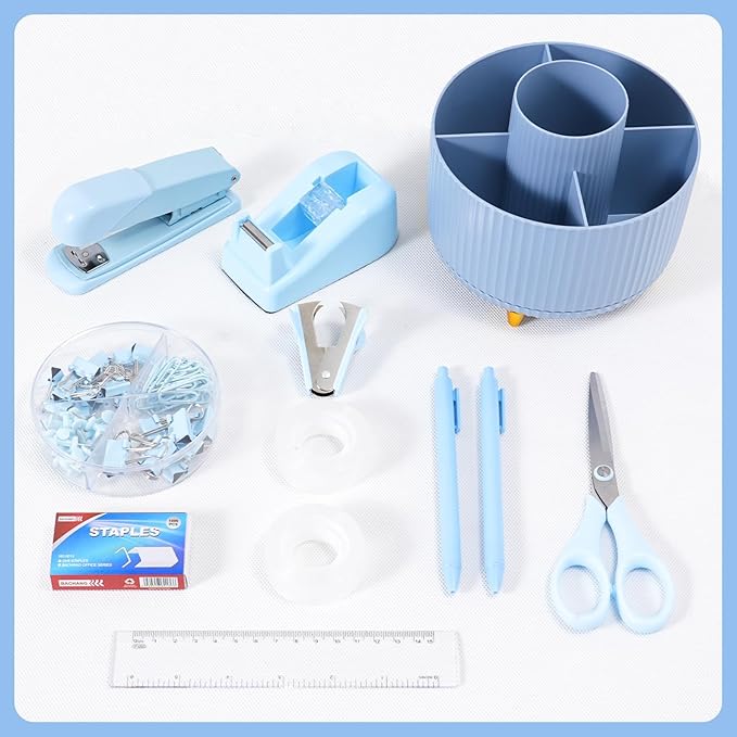 Gawsey Desk Organizers and Accessories Set with 360-Degree Rotating Pen Holder, Tape Dispenser, Stapler, Staple Remover, 1000 Staples, Tape, Clips Set, Ruler, Scissor, Pen (Blue)
