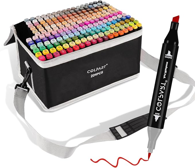colpart 204 Colors Alcohol Markers Set Dual Tip Art Marker Pens with Pen Holder and Carry Bag for Adult Coloring Painting Supplies Perfect for Painting, Coloring, Sketching and Drawing