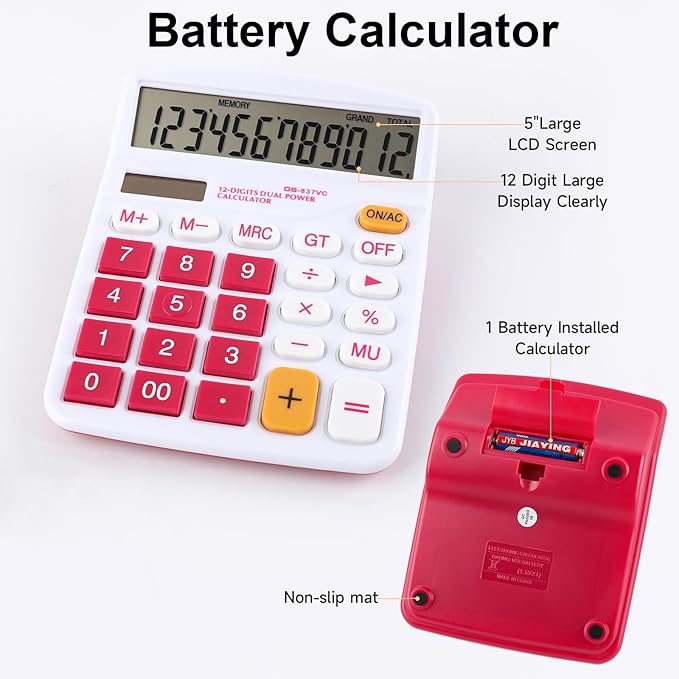 Desktop Calculator Solar Battery Dual Power 12 Digit Large LCD Display Financial Dedicated Large Standard Function Desktop Business Calculator for Office/Home/School KA08 Red