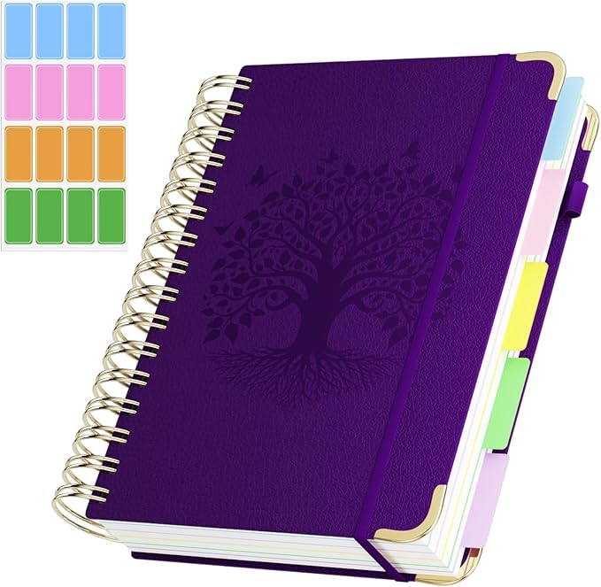 QIYVLOS Hardcover Spiral Notebook, A5 Journal with Removable Dividers Tabs, 5 Subject Notebook College Ruled, 320 Pages 6"x8" Leather Notebooks for Work School Study, Lined Journal for Women, Purple
