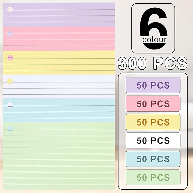 300 Flash Cards for Studying, 6 Pack Lined Index Cards with Key Ring, Multicolor Kraft Notecard for Note-taking, Language Learning, 12.5 * 7.5cm