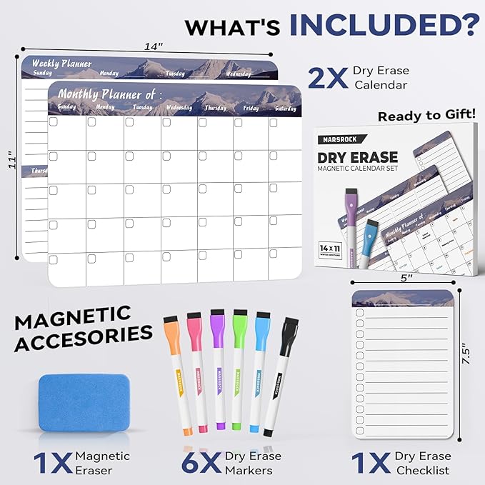 Marsrock Dry Erase Magnetic Calendar for Refrigerator (3 Pack) - Monthly & Weekly & Daily Planner Magnet Whiteboard for Fridge - Shopping, to Do List, Meal/Menu, Planning Board, 14"x11", Grey