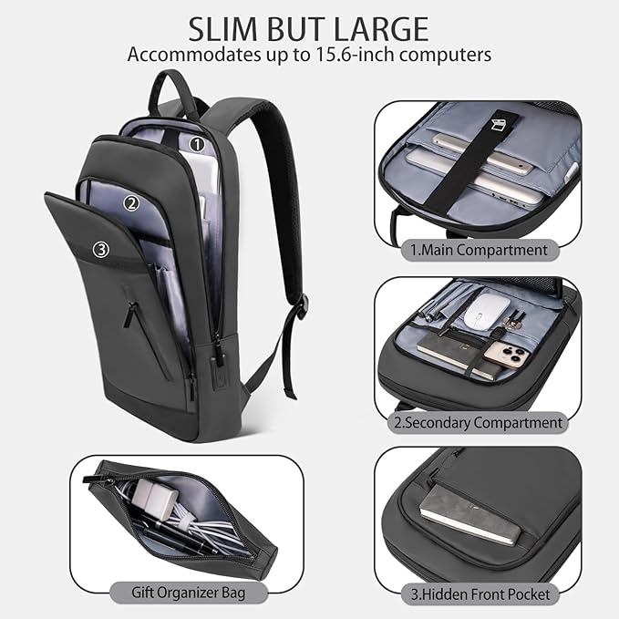 Business Backpack for Men Lightweight Commute Laptop Backpack Anti-Theft Water Resistant Backpack for 15.6 Inch Computer for Daily Office Work with Small Bag (Grey, 15.6")