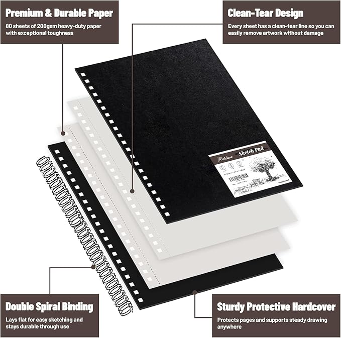 KAKKUE 8.5" x 11" Hardcover Sketchbook, 200gsm/80 Sheets Professional Thick Drawing Paper, Spiral Bound Pad, Acid-Free Perforated for Mixed Media, Sketching & Illustration, for Artists & Kids