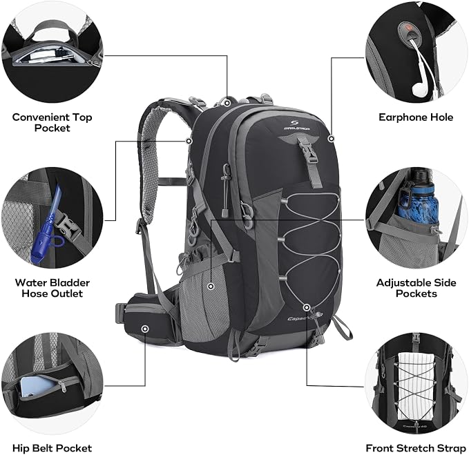 Maelstrom 40L Hiking Backpack, Lightweight Camping Daypack with Rain Cover | Water-Resistant Rip-Stop Nylon, Wet/Dry Separation, Multi-Pockets, Survival Whistle. Ideal For Men, Women, Travel, Trekking
