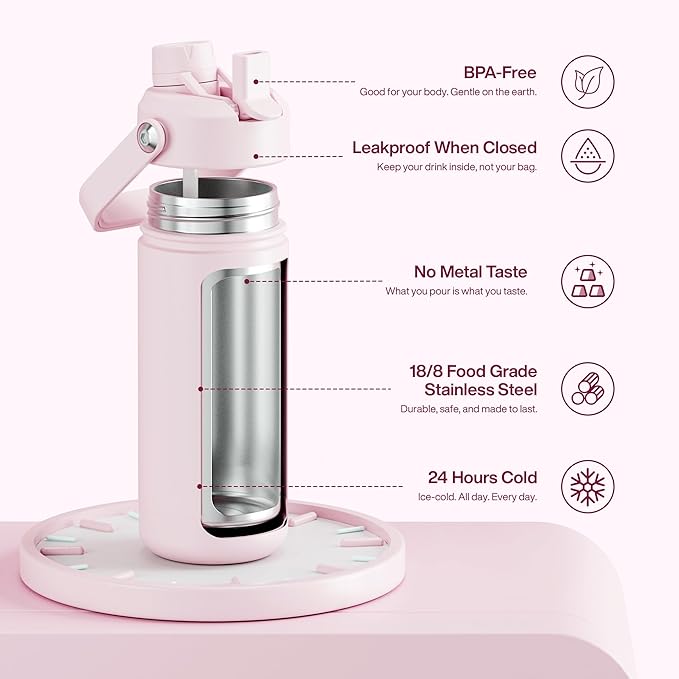 ENCOOL Insulated Water Bottle with Straw Stainless Steel Water Bottle, Leak-Proof, BPA-Free, Double Wall Vacuum Keeps Cold for 24 Hours for Sports, Travel, School (18 oz, Cotton Candy)