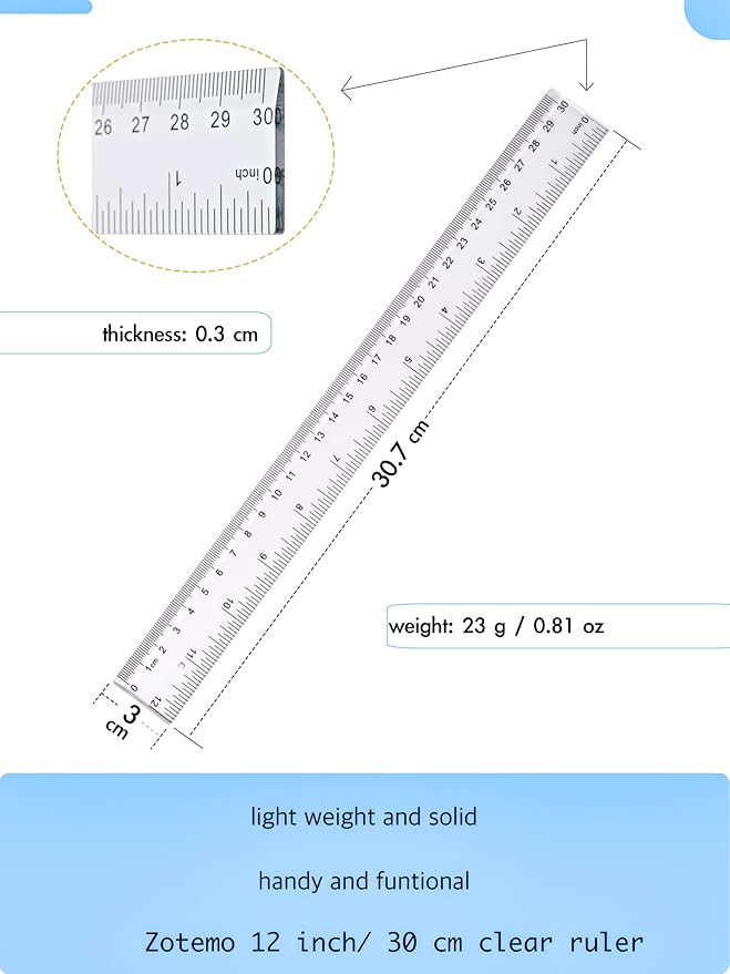 Ruler 12 Inch, 2 Pack Clear Plastic Rulers with Inches and Metric, Shatterproof Transparent Straight Edge for School Office, Easy-to-Read mm cm Markings