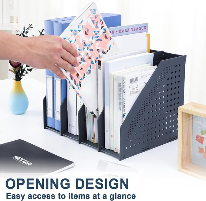 FRETONBA Collapsible Magazine File Holder with 4 Vertical Compartments Foldable Binder Holder for Desk Binder Storage Organizer Plastic Magazine Holders for Shelf, Dark Gray