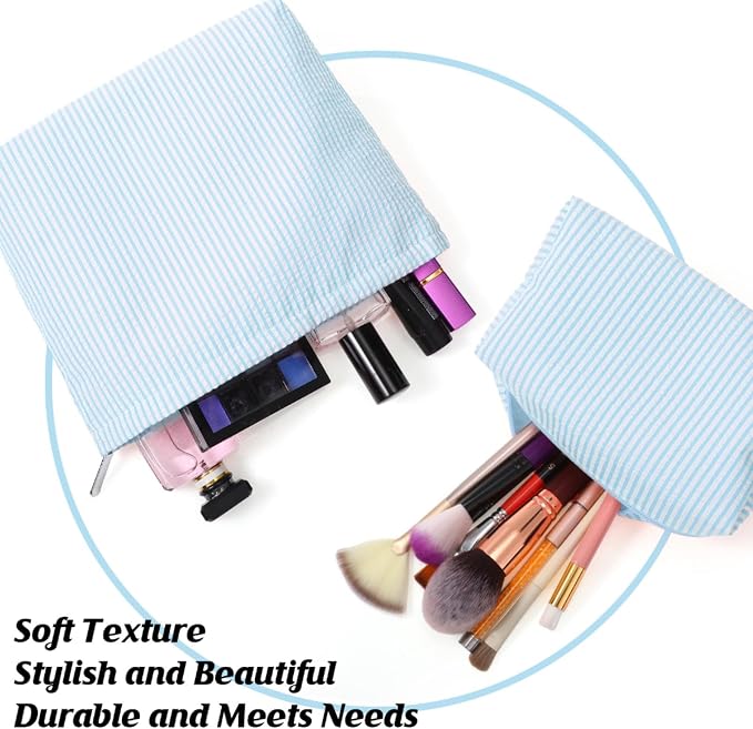 Huhumy 2 Pcs Makeup Bag Set for Women, Light Blue, Thin Striped Seersucker | Cute Cosmetic Pouch Women Travel Toiletry Bag Preppy Small Makeup Purse Pouch Aesthetic Skincare Brushes Storage Organizer