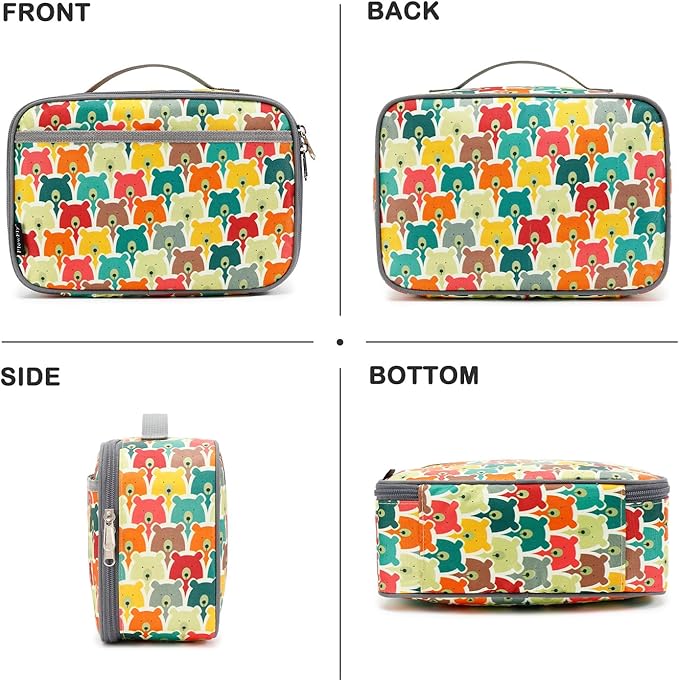 FlowFly Kids Lunch box Insulated Soft Bag Mini Cooler Back to School Thermal Meal Tote Kit for Girls, Boys, Bear