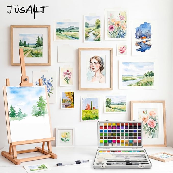 JusArt 108 Colors Watercolor Paint Set,Art Supplies with Metallic Color, Detail Painting Brushes, Water Brush Pens, Portable Travel Watercolor Painting Set for Adult, Artists, Professionals