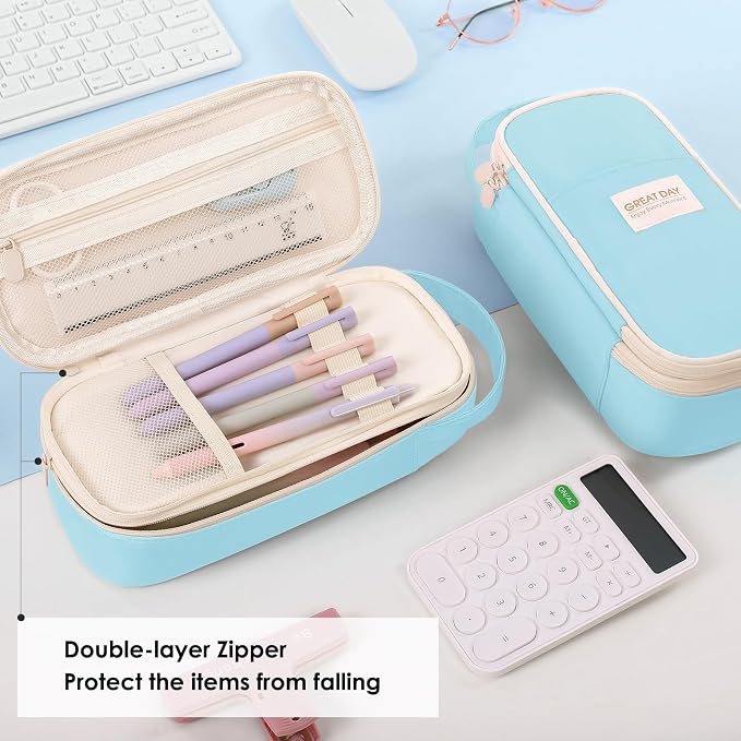 SKYDUE Light Blue Pencil Case for Girls & Boys - Aesthetic Pencil Bag with Multi-Compartment, Large Capacity Zippered Pencil Pouch for School Supply