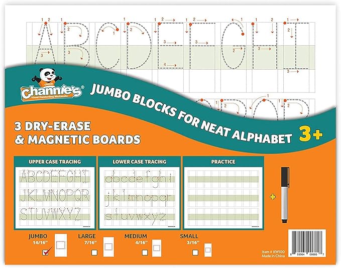 Channie’s Visual Handwriting Magnetic Dry-Erase Board, Jumbo Letter Board with Big Blocks for Neat Upper and Lower Case Alphabet, ABCs Writing Practice with Tracing Letters and Blanks, 3-Pack