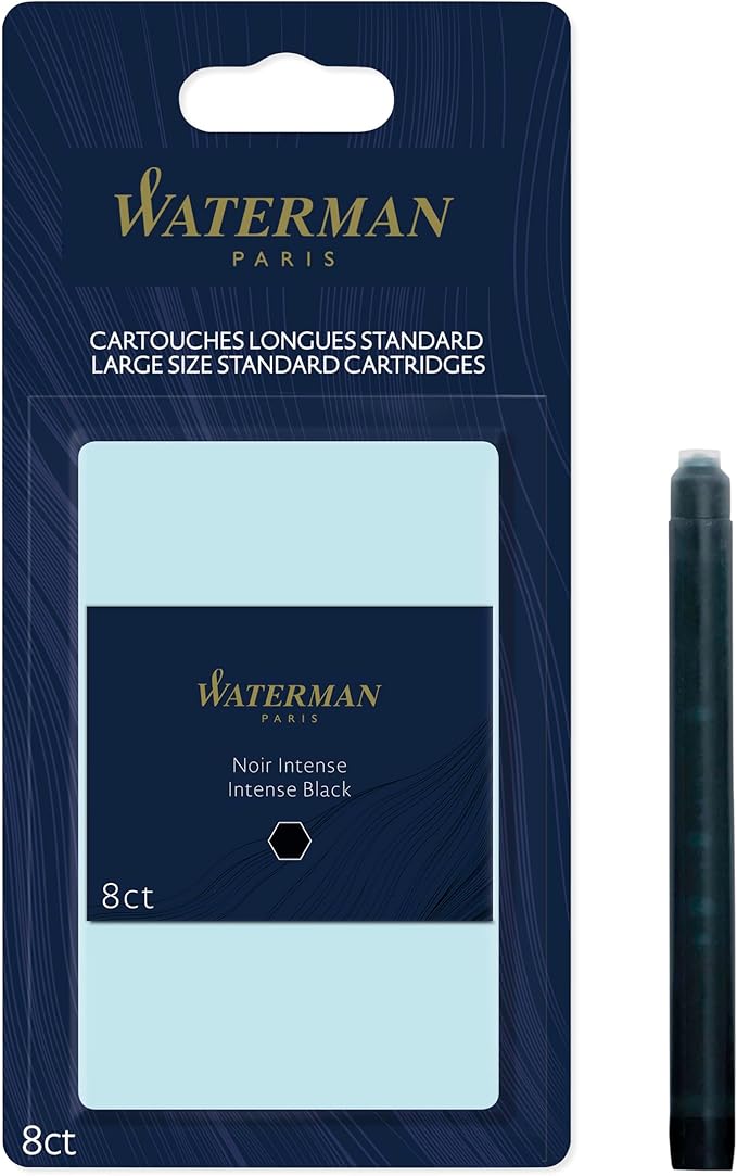 Waterman Fountain Pen Ink Cartridges, Long, Intense Black, 8 Count, Blister Pack
