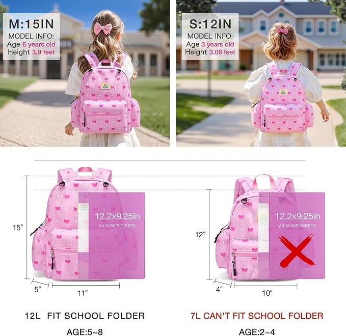 STEAMEDBUN Corduroy Kids Backpack for Girls and Boys 5-8: Girls Backpack for Elementary Kindergarten - 15 inch Cute Backpacks for Kids - Pink Bow