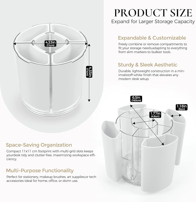 KONVINIT White Pen Holder for Desk, 5 Slots 360° Rotating Pen Organizer, Cute Desk Organizers and Accessories for School, Home, Office and Art Supply