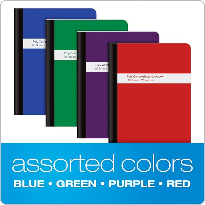 Oxford Poly Composition Notebook 4 Count(Pack of 1), Wide Ruled Paper, 9-3/4 x 7-1/2 Inches, 80 Sheets, Assorted Colors: Blue, Green, Purple, Red (64959)